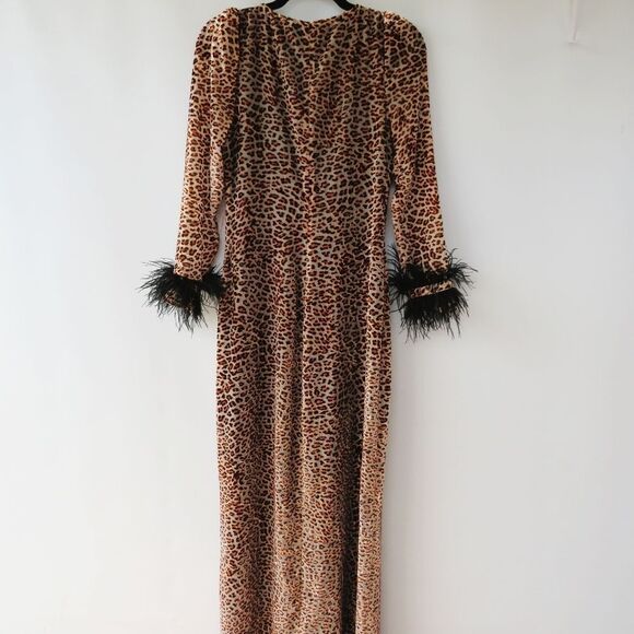 NBD Revolve Size Small Velvet Leopard Animal Print Feather Cuff Maxi Wrap Dress - Picture 7 of 16